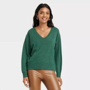 A New Day Women's Sweater V-Neck Long sleeve Ribbed Cuff Green Size Large